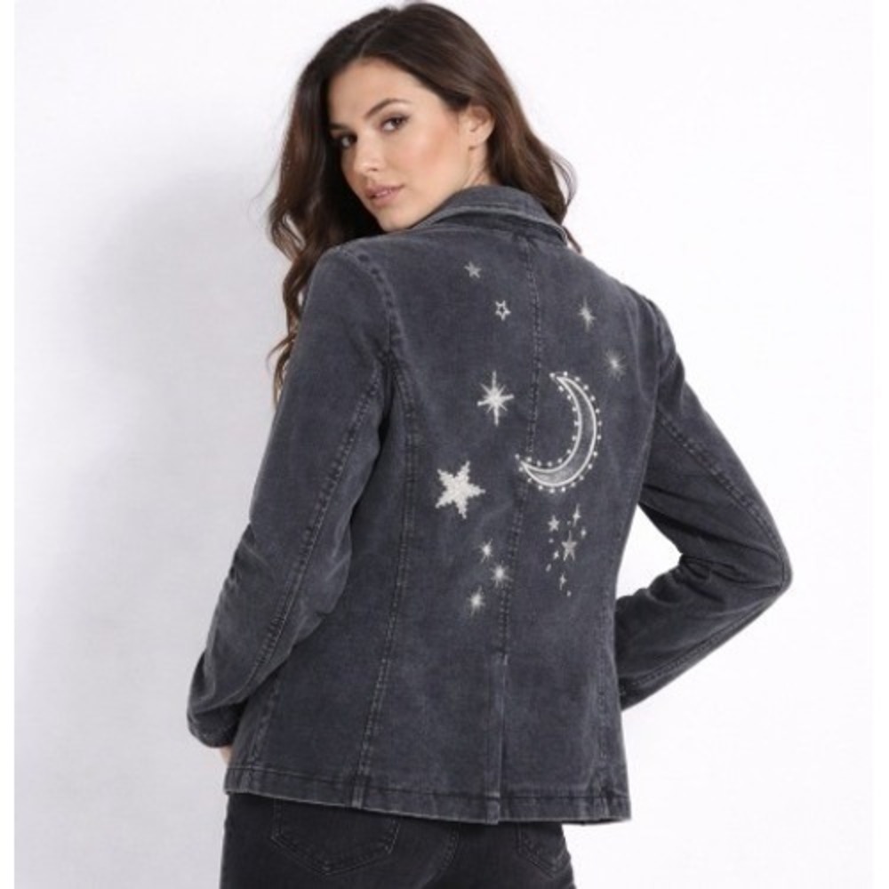 Driftwood Womens XL Celestial Embroidered Black Denim Blazer Moon Star Jacket
